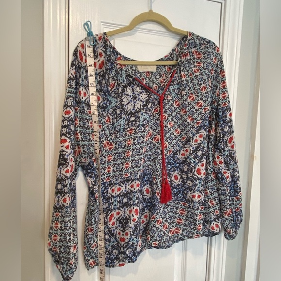 Love Sam Anthropologie Blue Geometric Print Soft Tasseled Peasant Top Size S - Picture 5 of 12